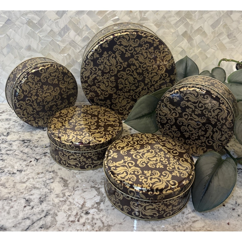 5 Vintage Round Gold Brown Metal Trinket Box Gift‎ Tin Storage Leaf Pattern